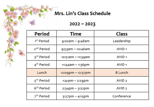 This is Mrs. Lin's Class Schedule.